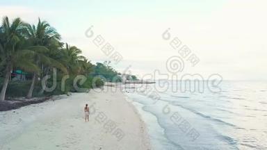 无人机观景女行走在<strong>海边</strong>的沙滩上。 空中风景女孩在天际线上的热带海滩